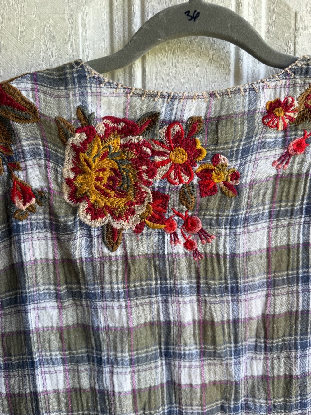 Johnny Was Workshop Embroidered Plaid Gauze Boho Bird Top Medium Floral - Picture 10 of 12